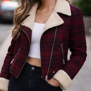 American Eagle Moto Jacket Women Small Red Plaid Sherpa Wool Lumberjack Moto
